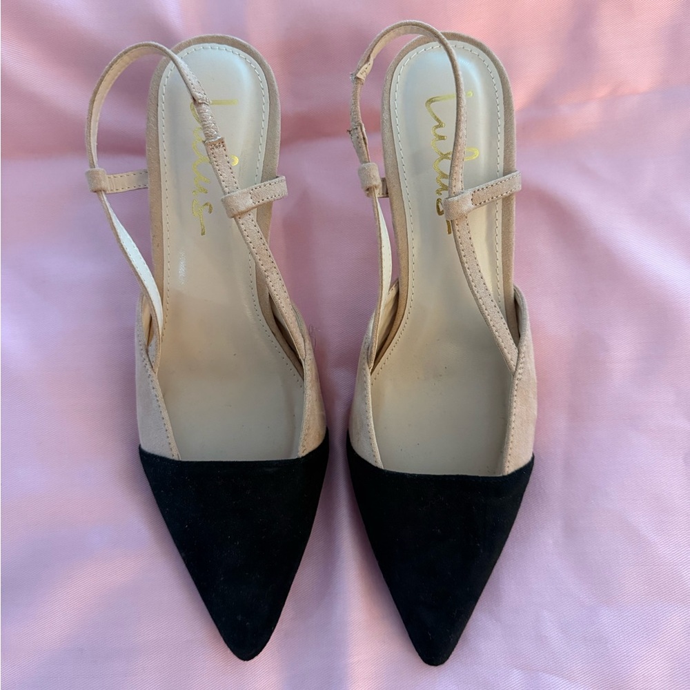 Lulu's Black and Tan Pointed Slingback Heels